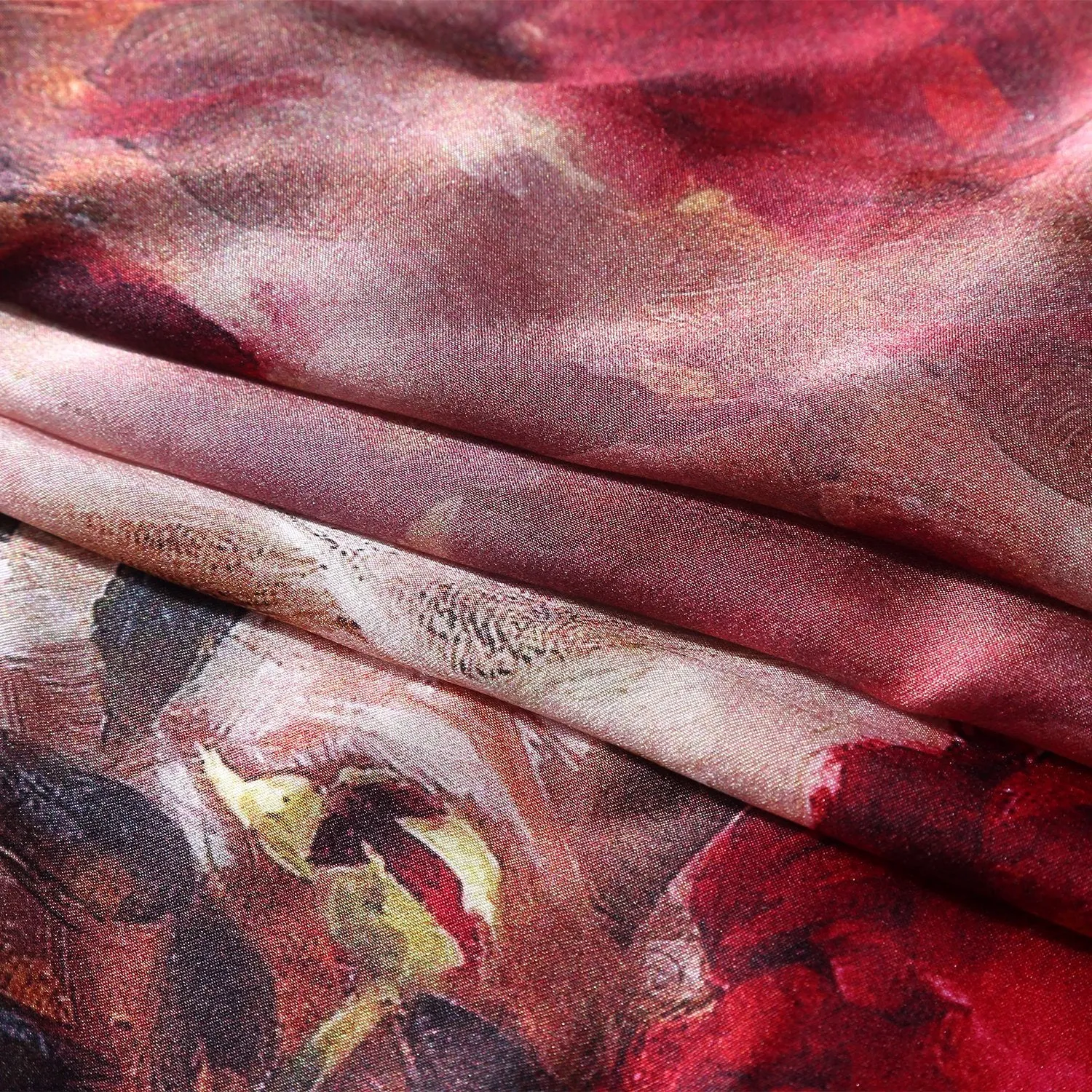 Large Square Charmeuse Silk Scarf Red Theme Floral Print DFJ050