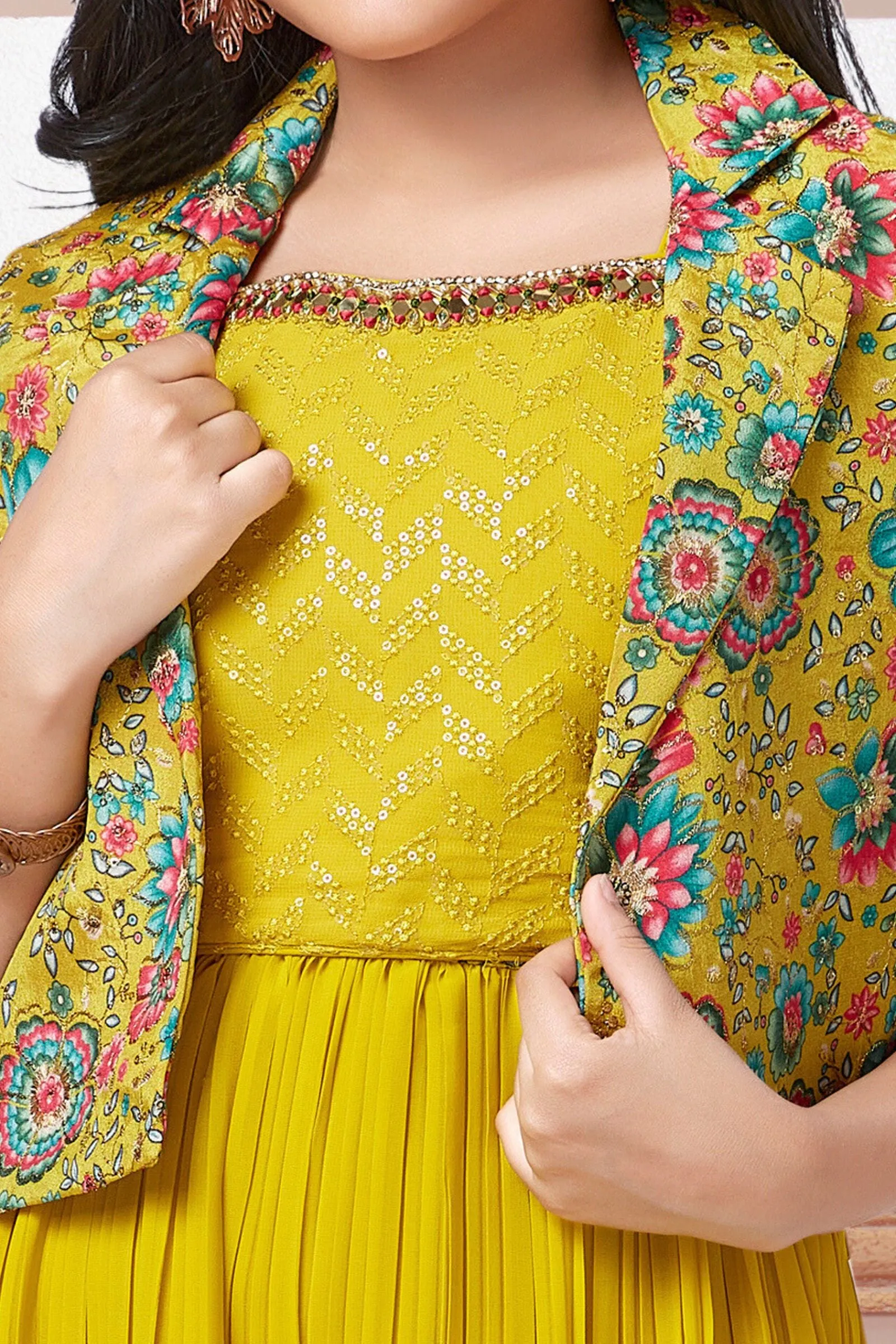 Lemon Green Mirror work with Floral Print Jacket Styled Palazzo Set For Girls