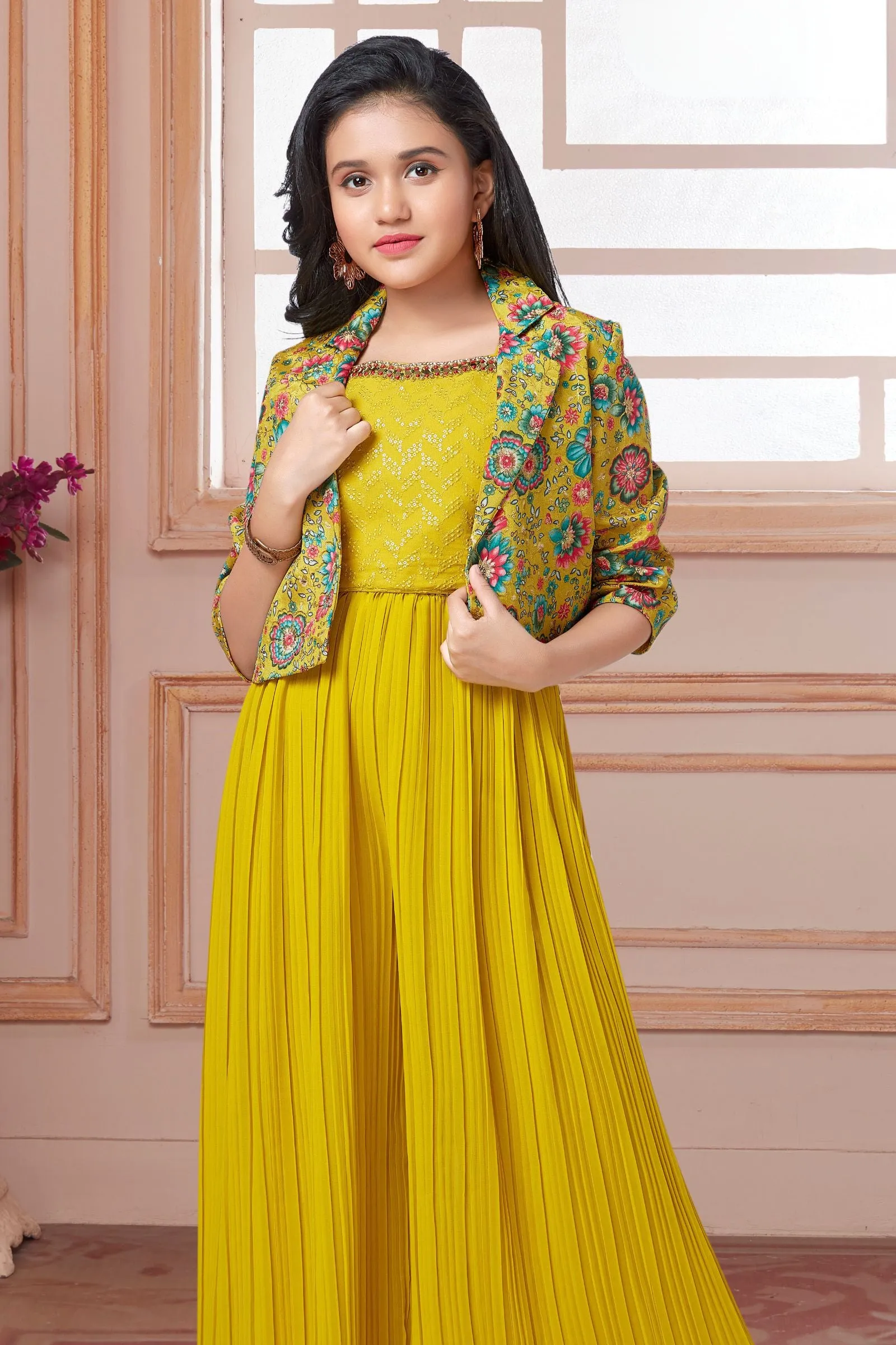 Lemon Green Mirror work with Floral Print Jacket Styled Palazzo Set For Girls