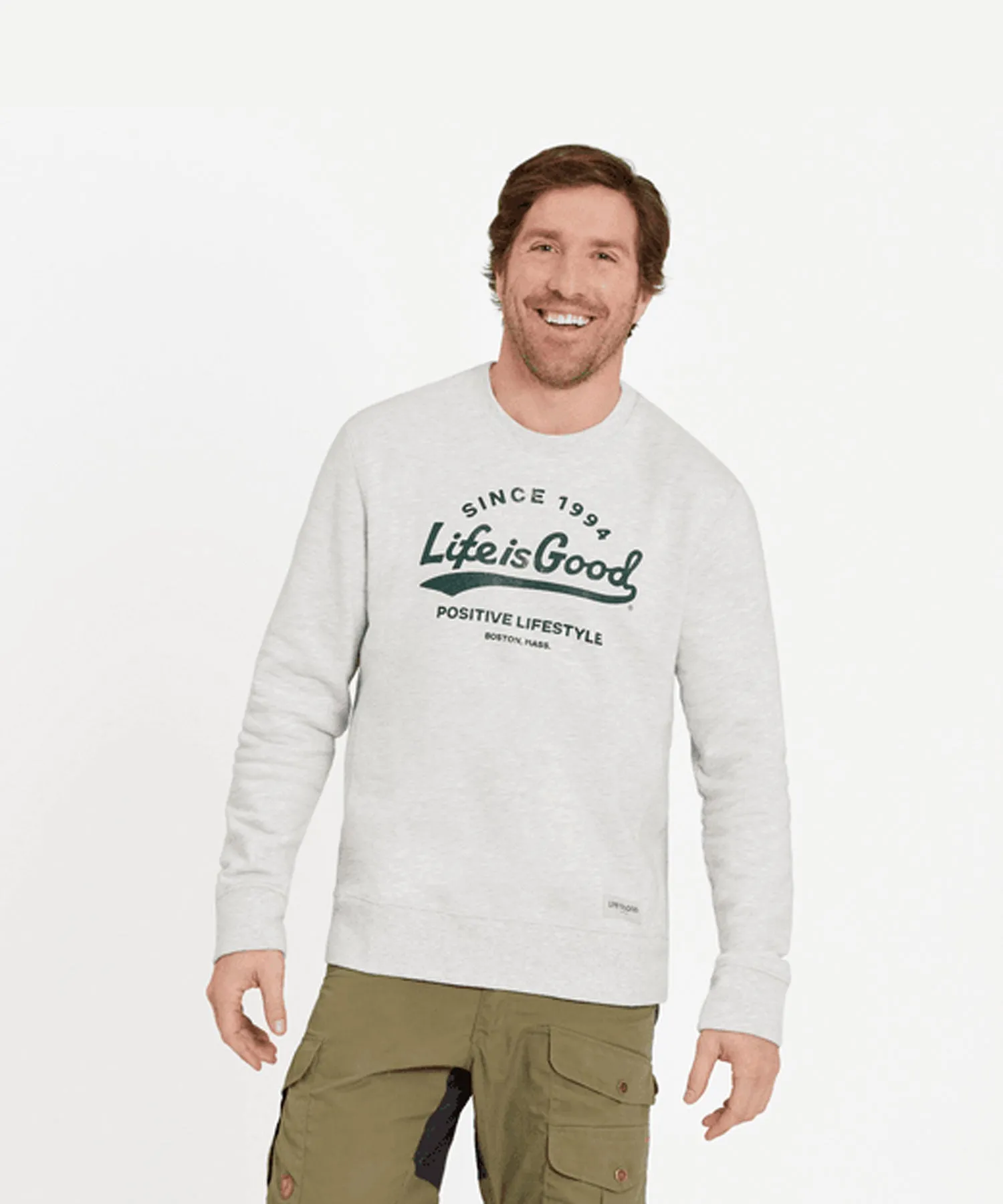 Life is Good Positive Ballyard Script Simply True Fleece Crew - Light Heather Gray