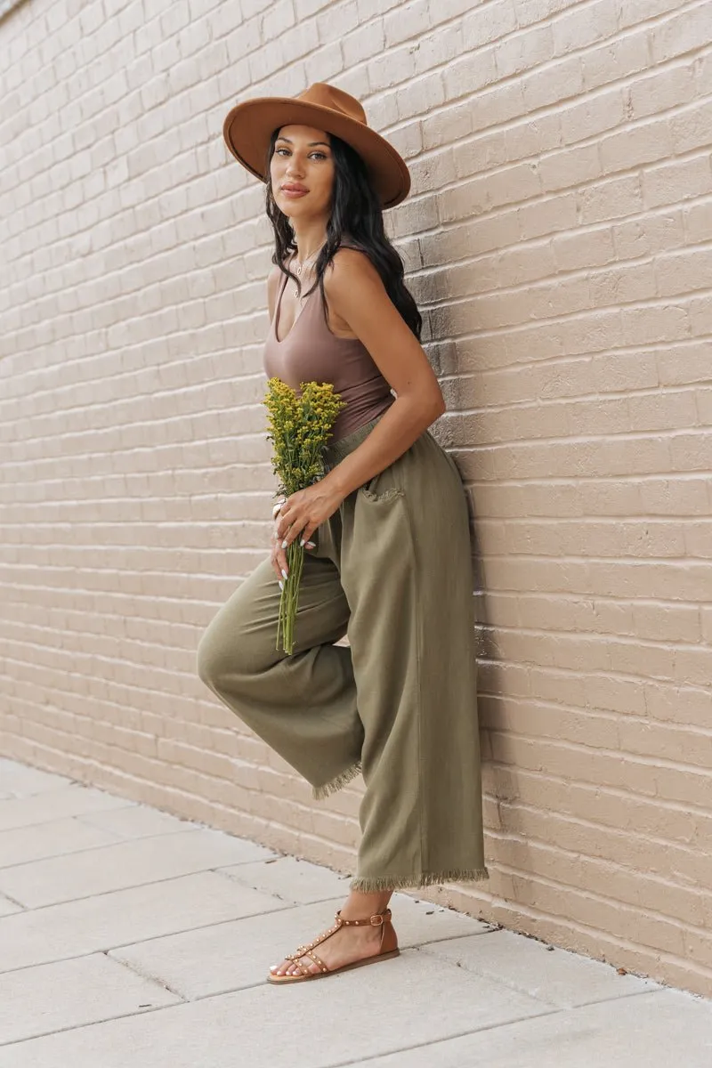 Light Olive Frayed Linen Wide Leg Pants
