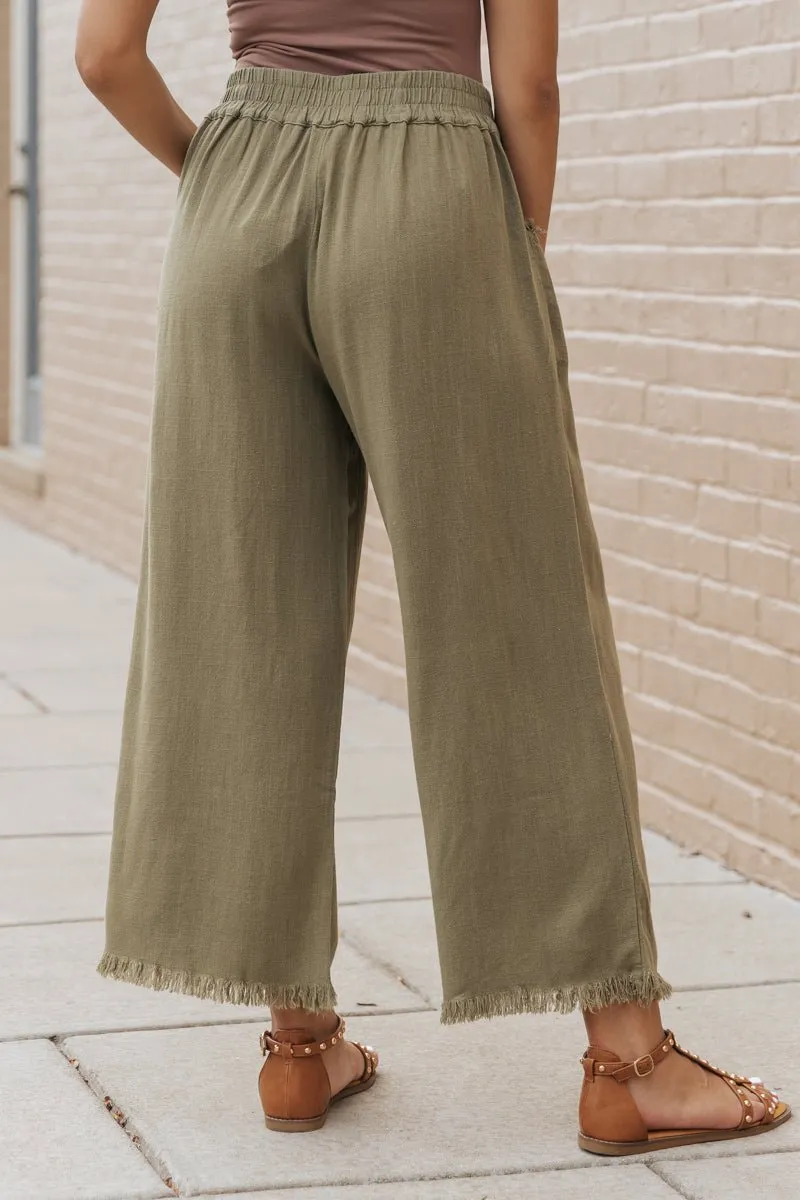Light Olive Frayed Linen Wide Leg Pants