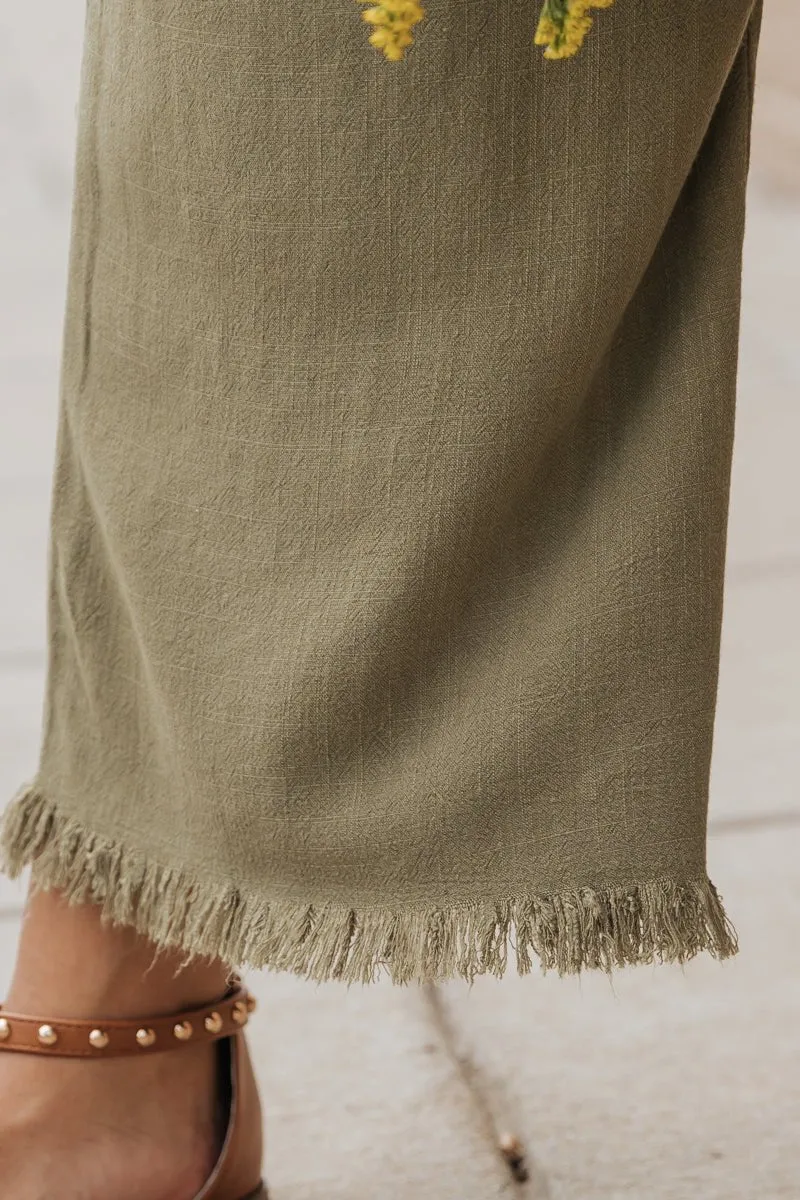 Light Olive Frayed Linen Wide Leg Pants