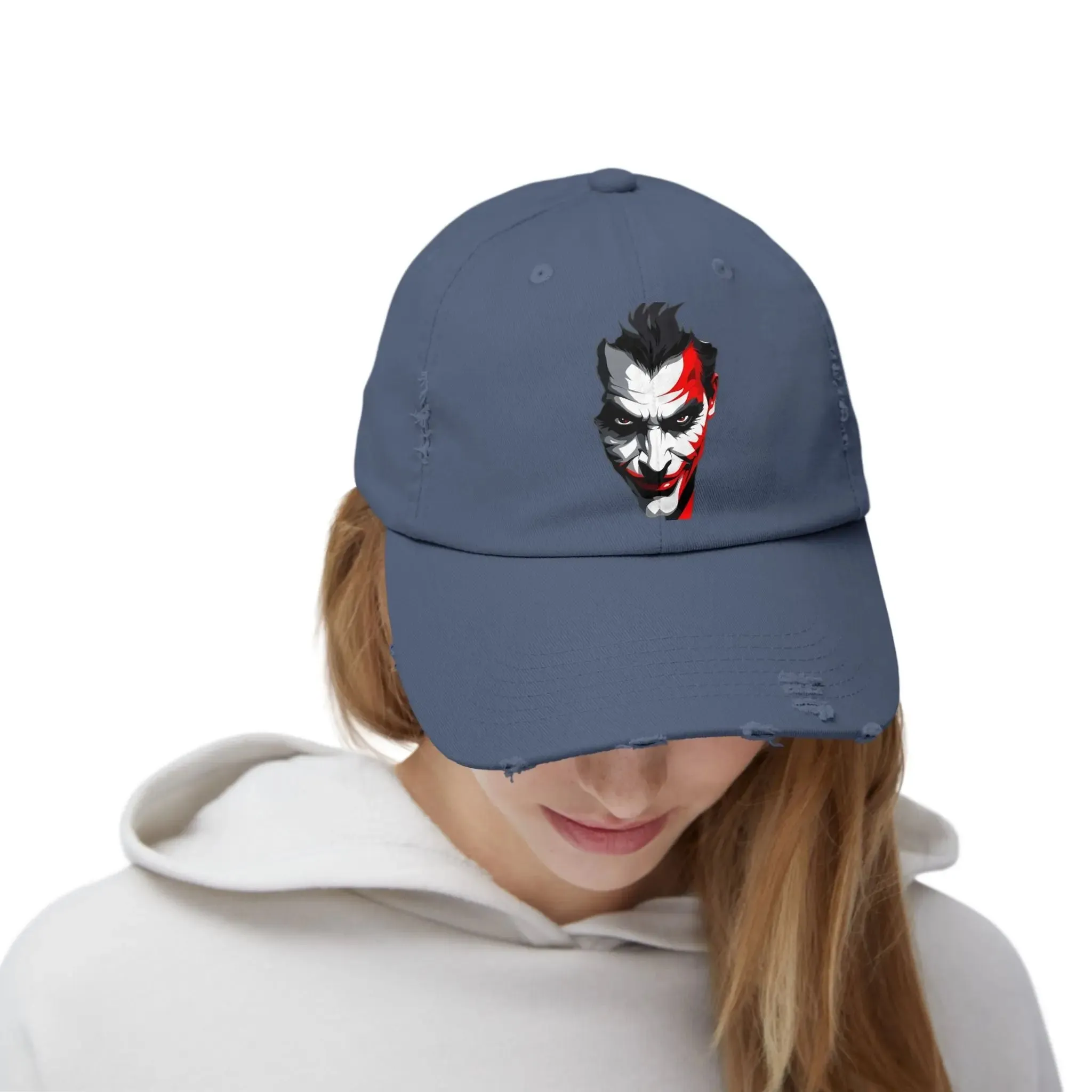 Mens & women Distressed Cap with Joker Graphic - Trendy Vintage Style Hat for Fans