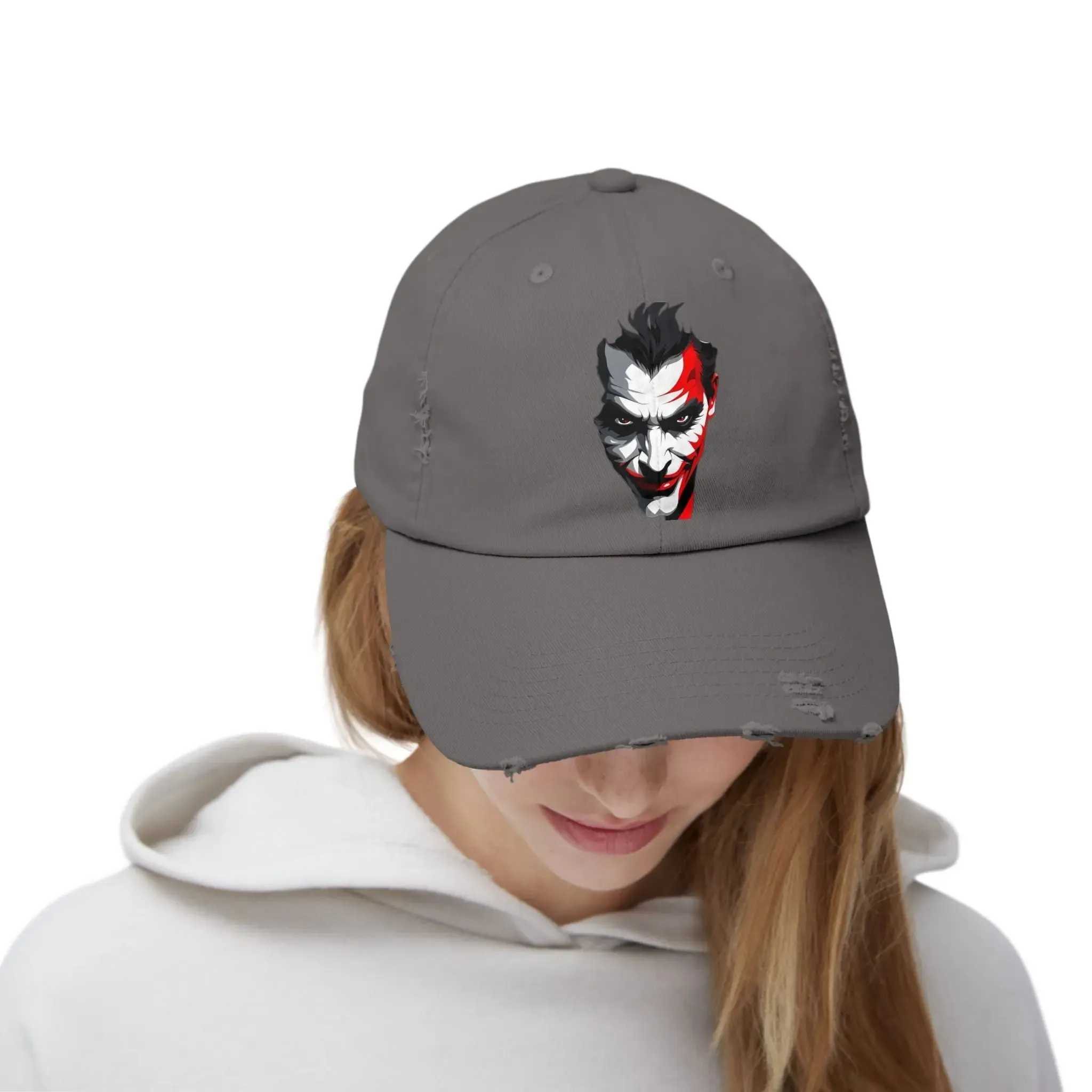 Mens & women Distressed Cap with Joker Graphic - Trendy Vintage Style Hat for Fans