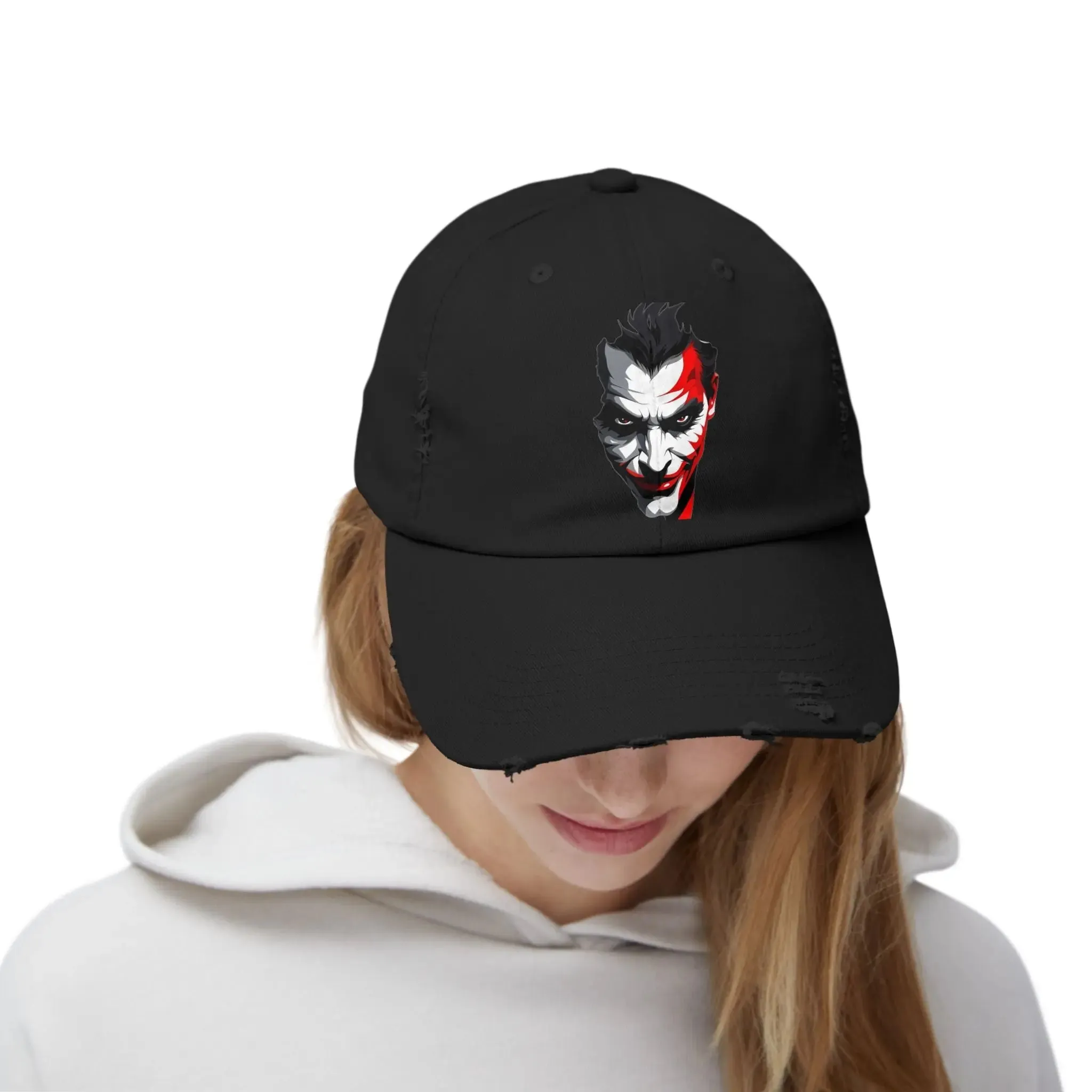 Mens & women Distressed Cap with Joker Graphic - Trendy Vintage Style Hat for Fans