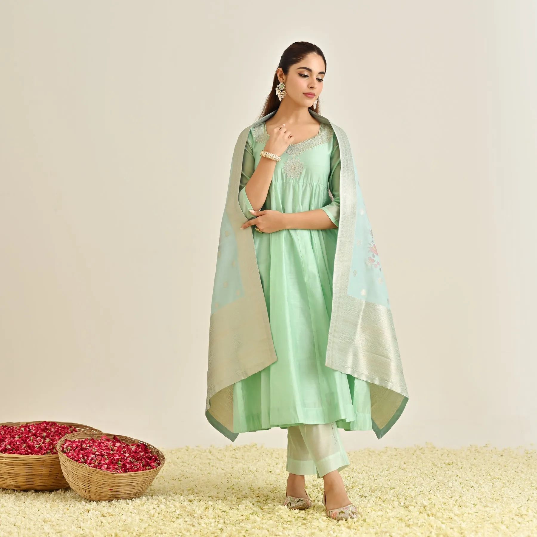 Mint Festive Anarkali Set with Brocade Dupatta