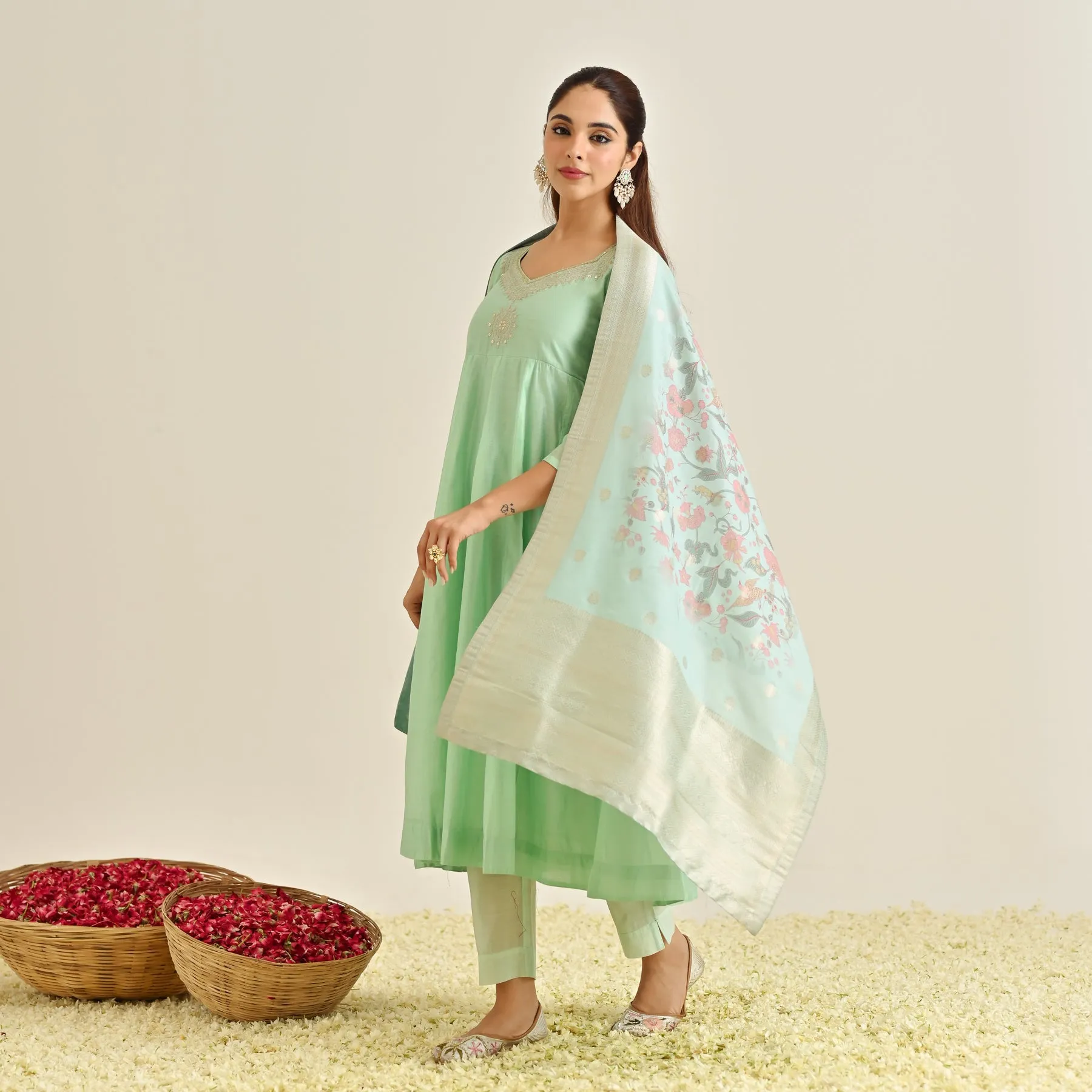 Mint Festive Anarkali Set with Brocade Dupatta