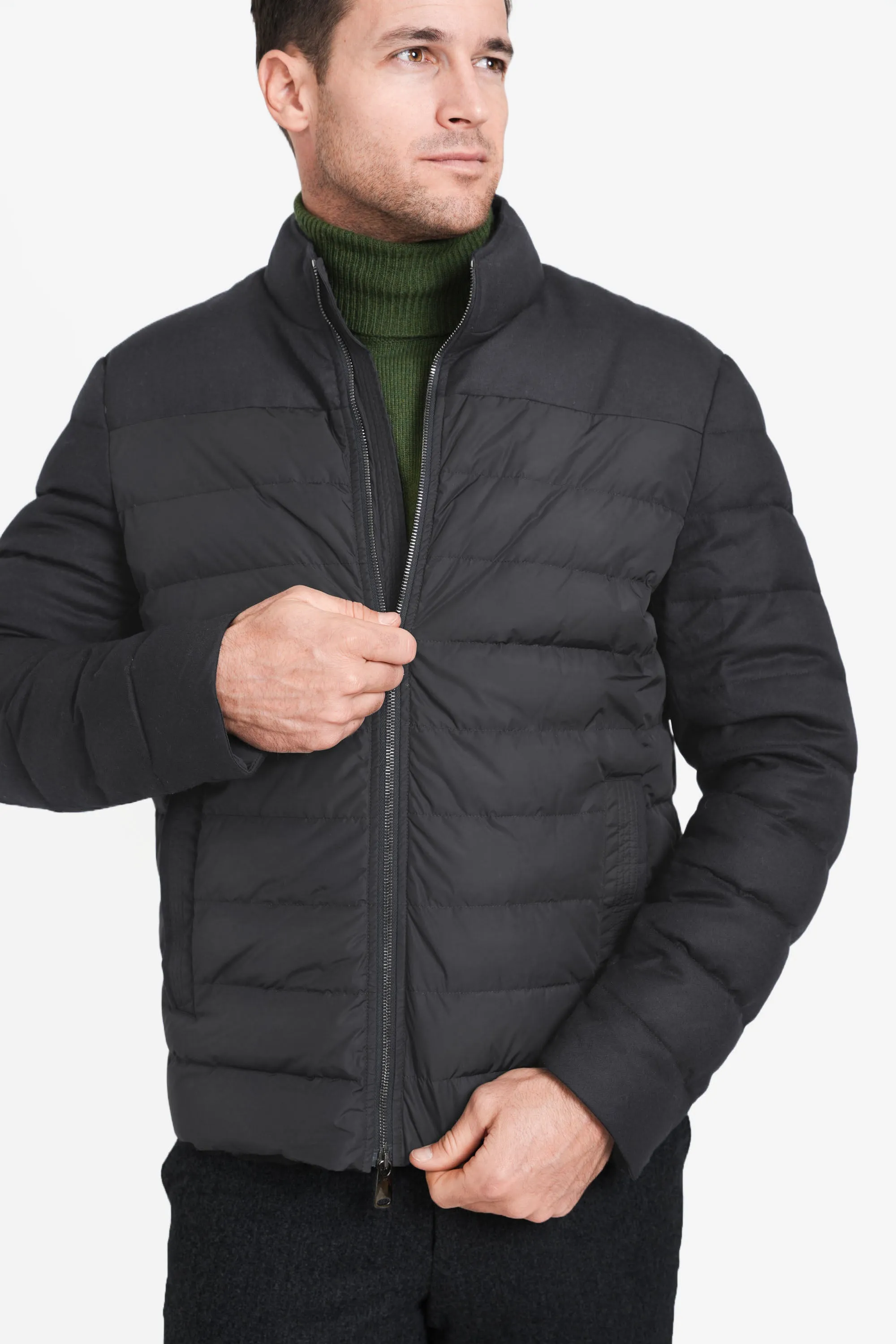 Mixed Media Stretch Wool Bomber, Dark Charcoal