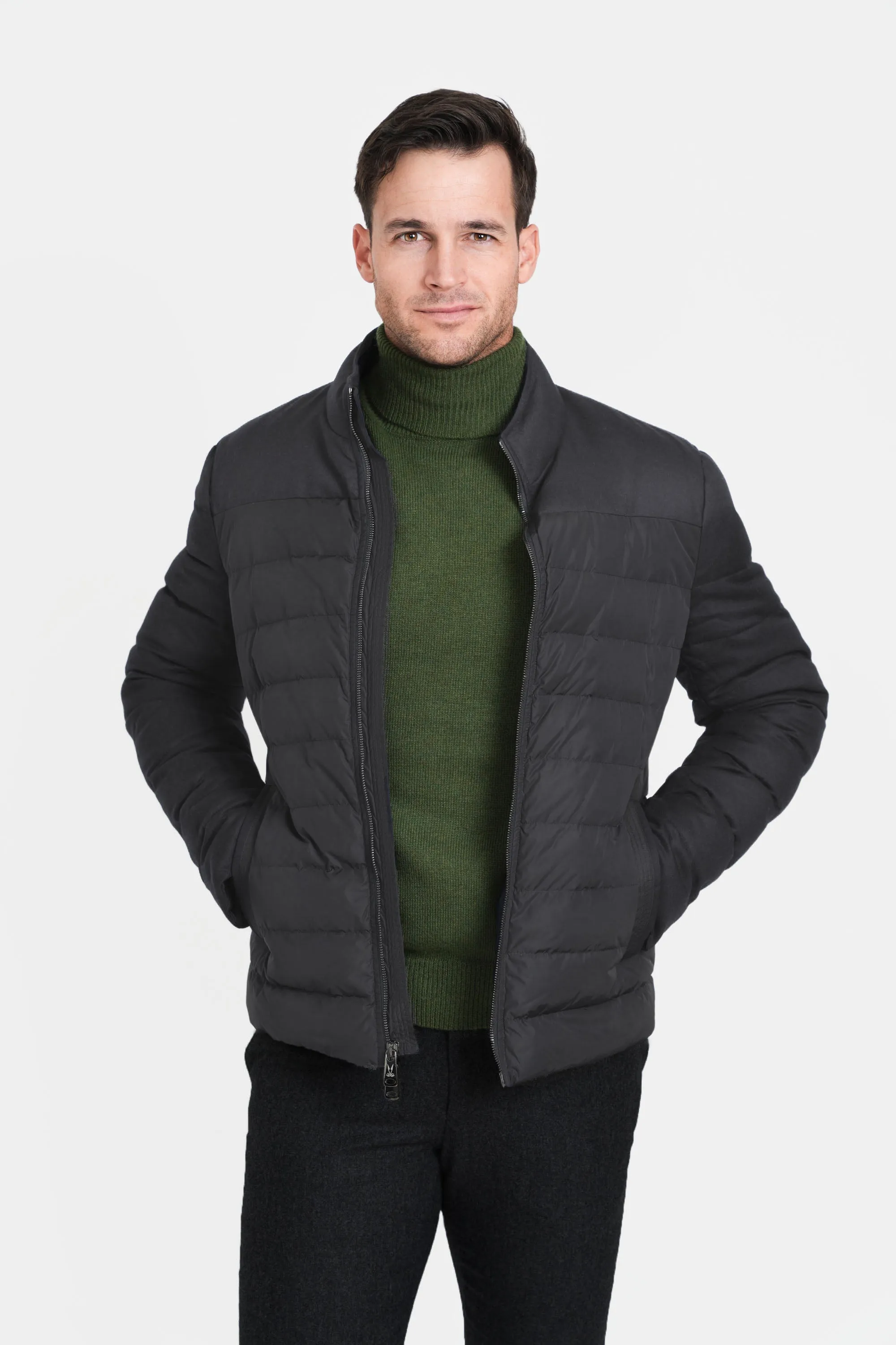 Mixed Media Stretch Wool Bomber, Dark Charcoal