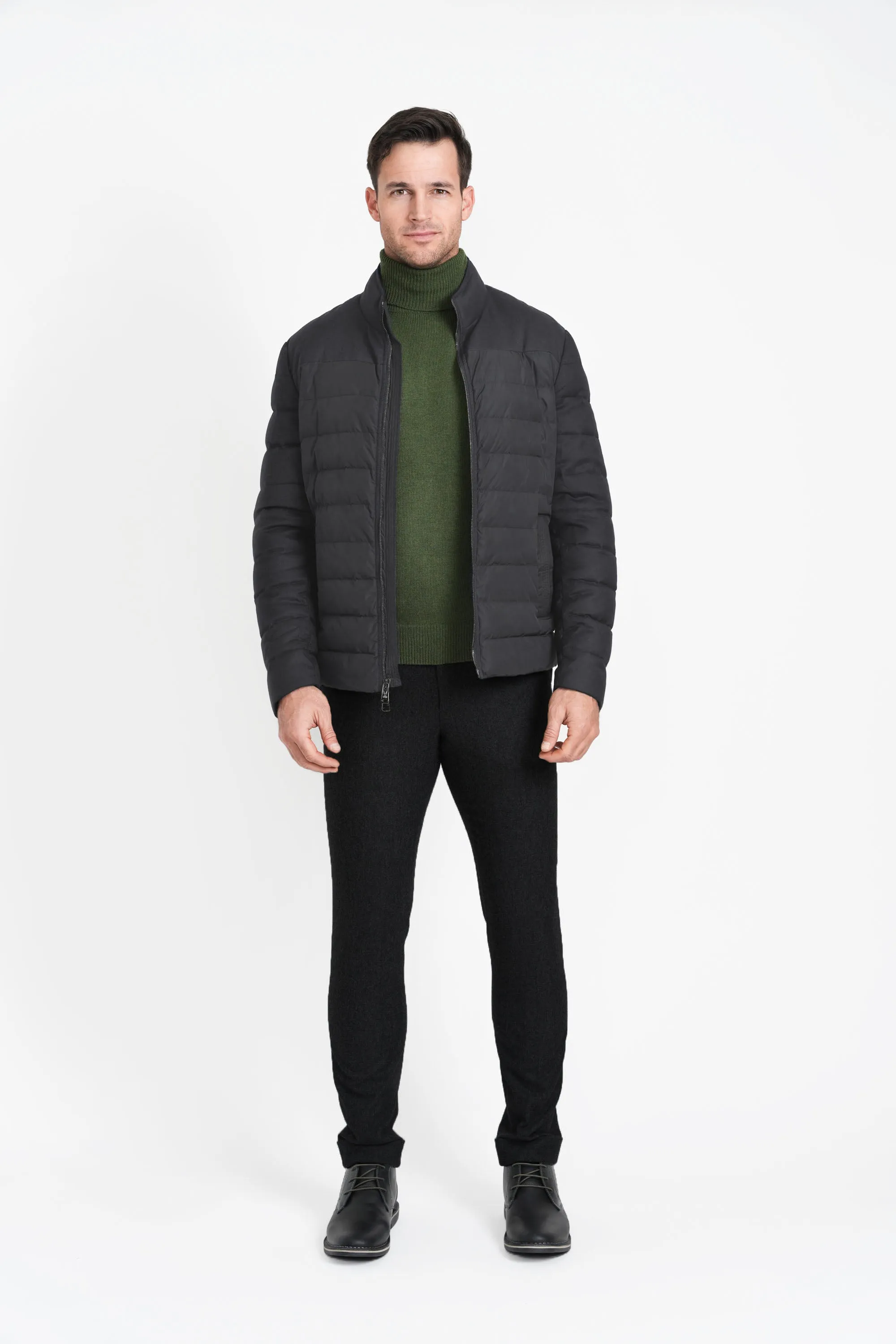 Mixed Media Stretch Wool Bomber, Dark Charcoal
