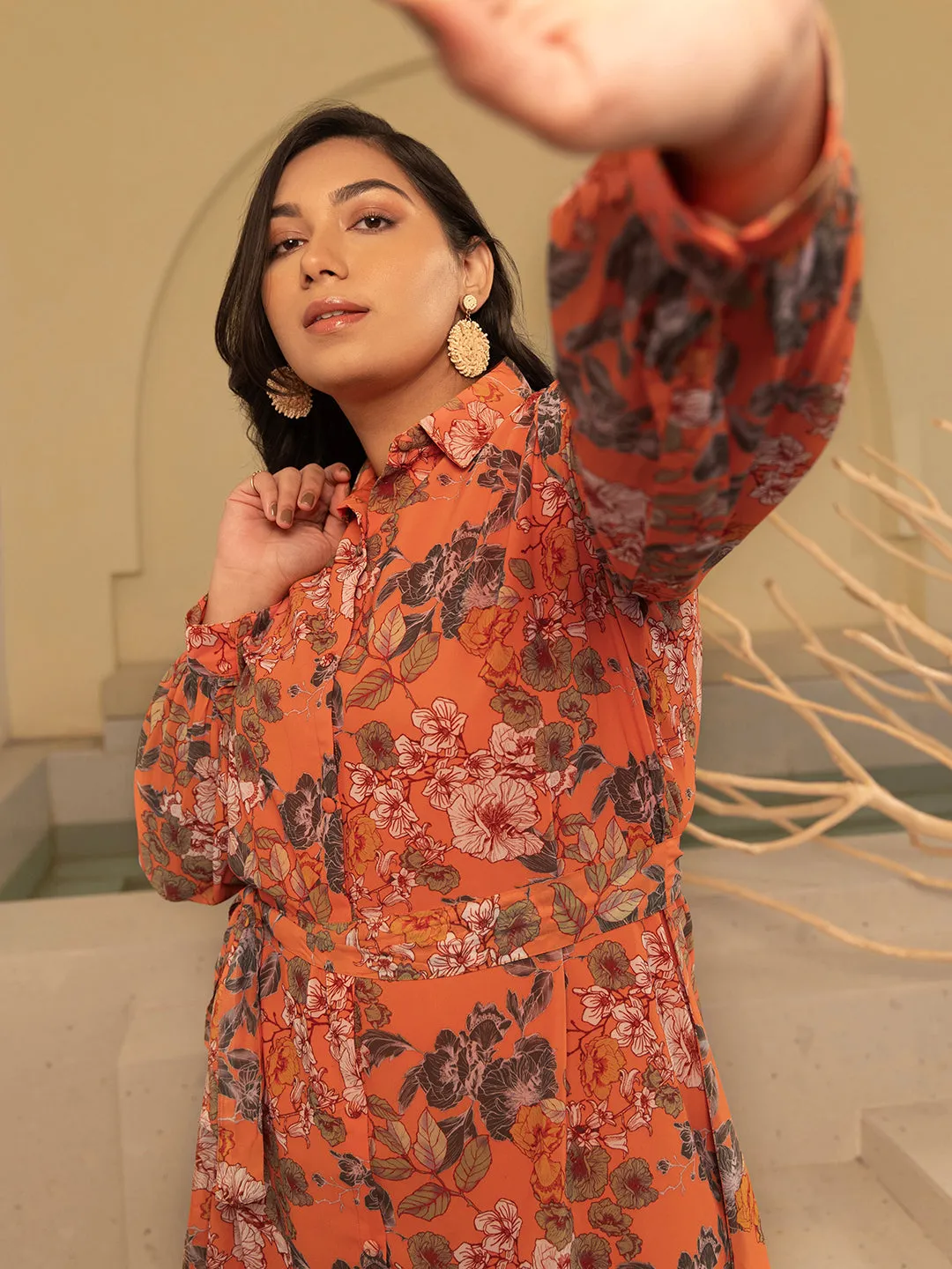 Orange Georgette Floral A-Line Dress