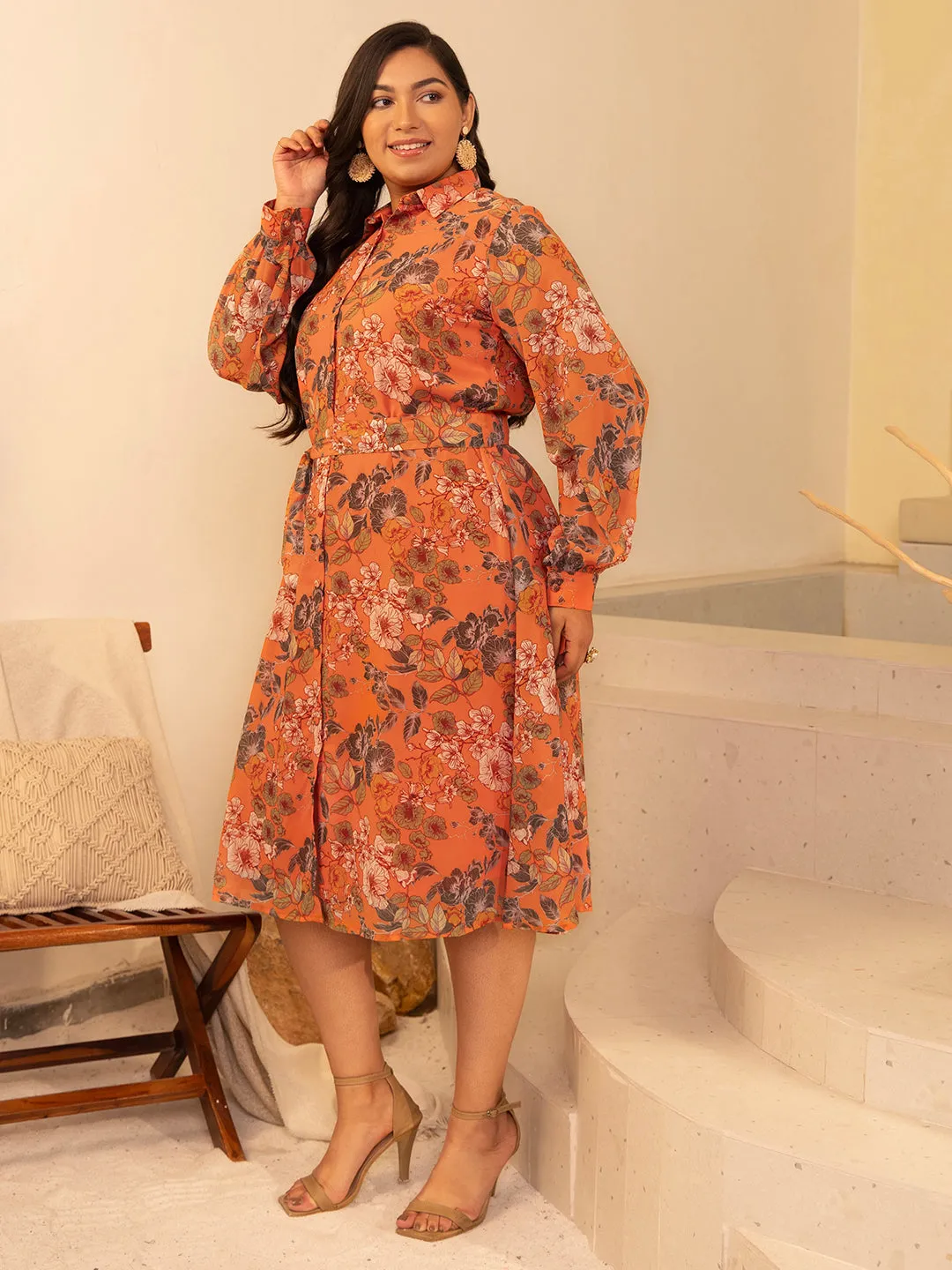 Orange Georgette Floral A-Line Dress