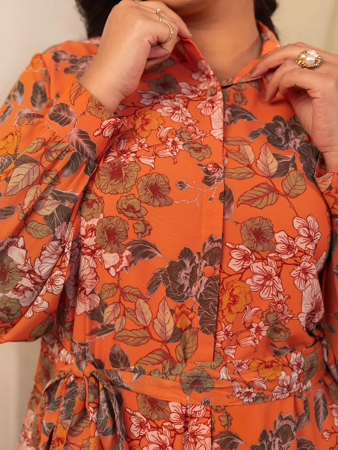 Orange Georgette Floral A-Line Dress