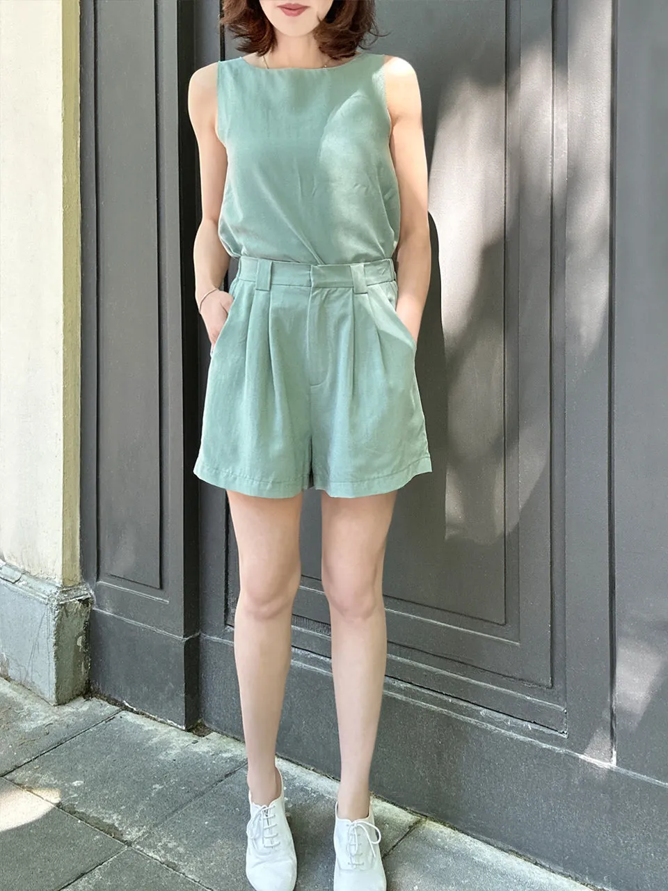 Pastel Green Stitched Trim Boat Neck Silk Tank
