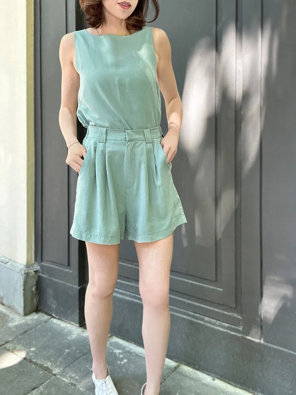 Pastel Green Stitched Trim Boat Neck Silk Tank