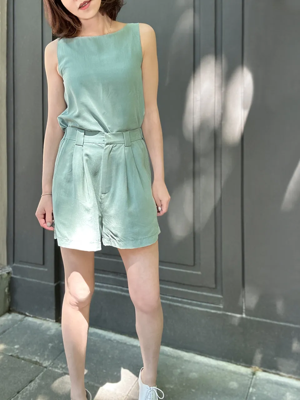 Pastel Green Stitched Trim Boat Neck Silk Tank