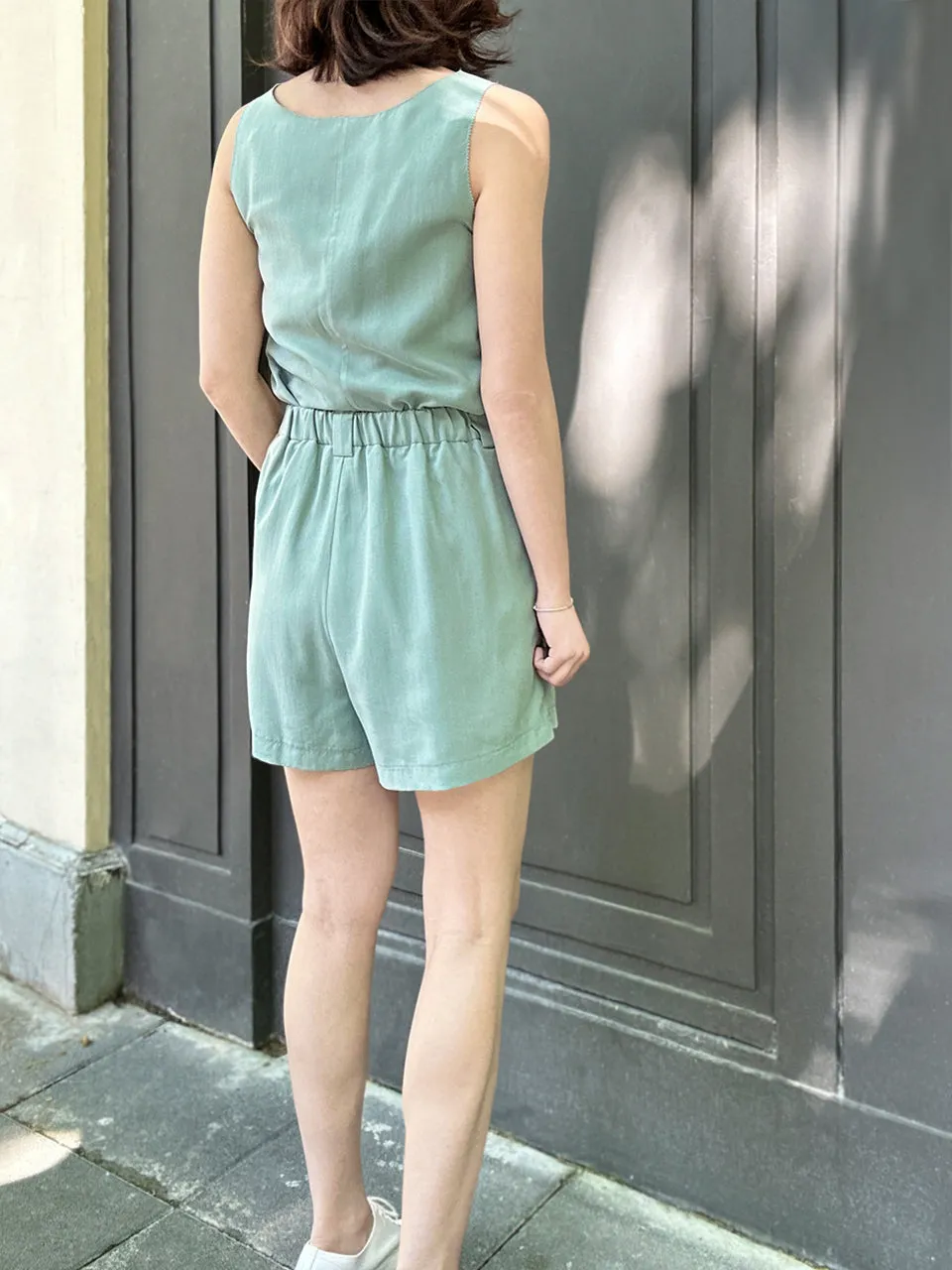 Pastel Green Stitched Trim Boat Neck Silk Tank