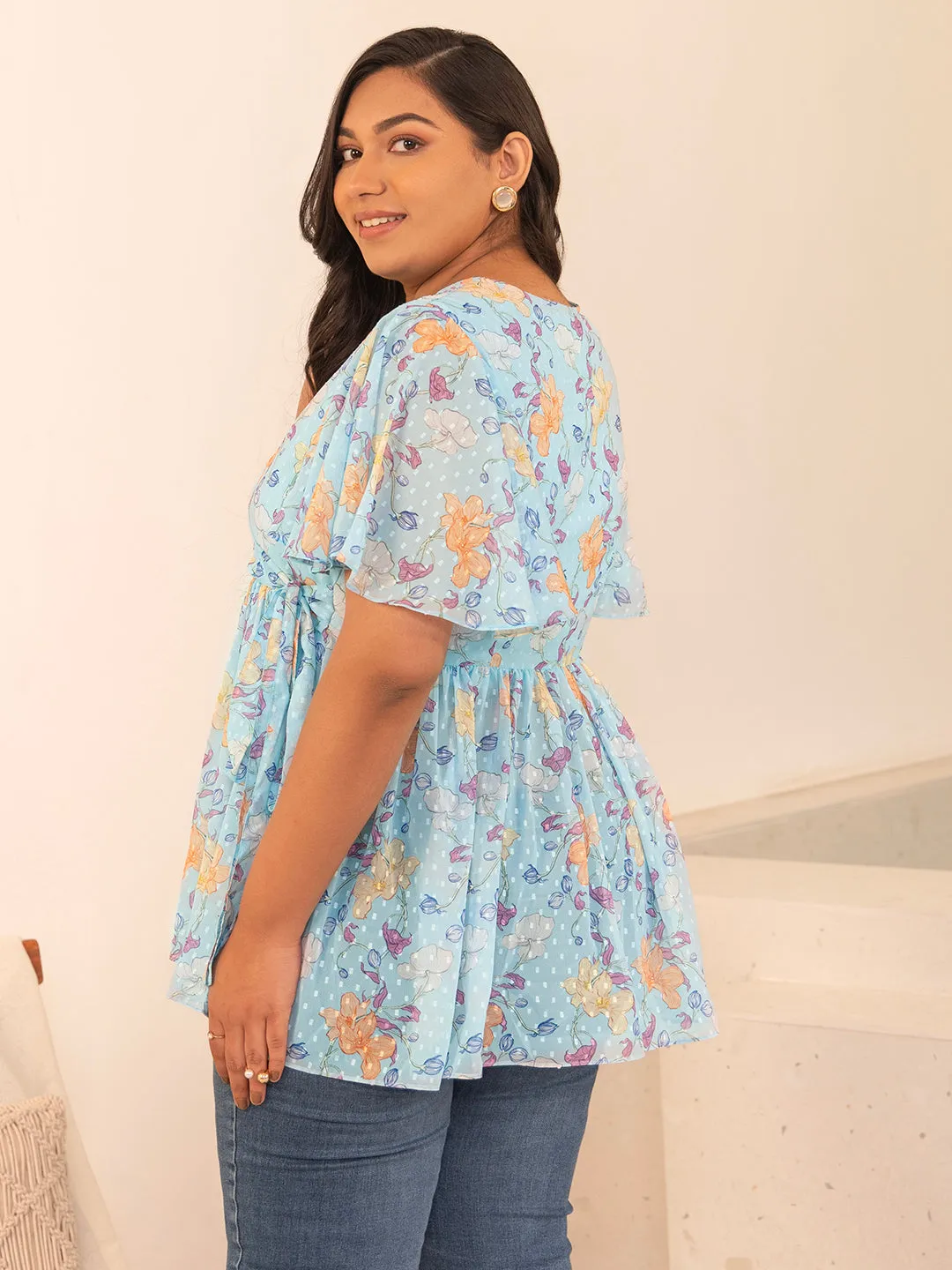 Plus Size Sky Blue Georgette Floral Peplum Top