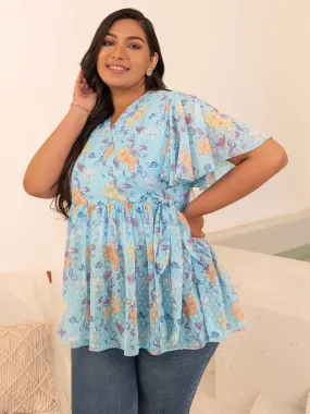 Plus Size Sky Blue Georgette Floral Peplum Top