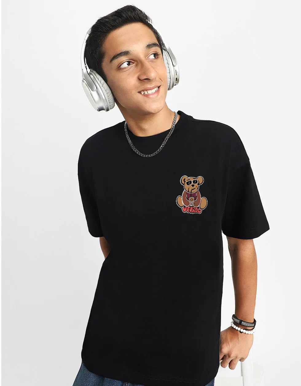 Teddy Black Oversized Graphic Back Printed Boys T-shirt