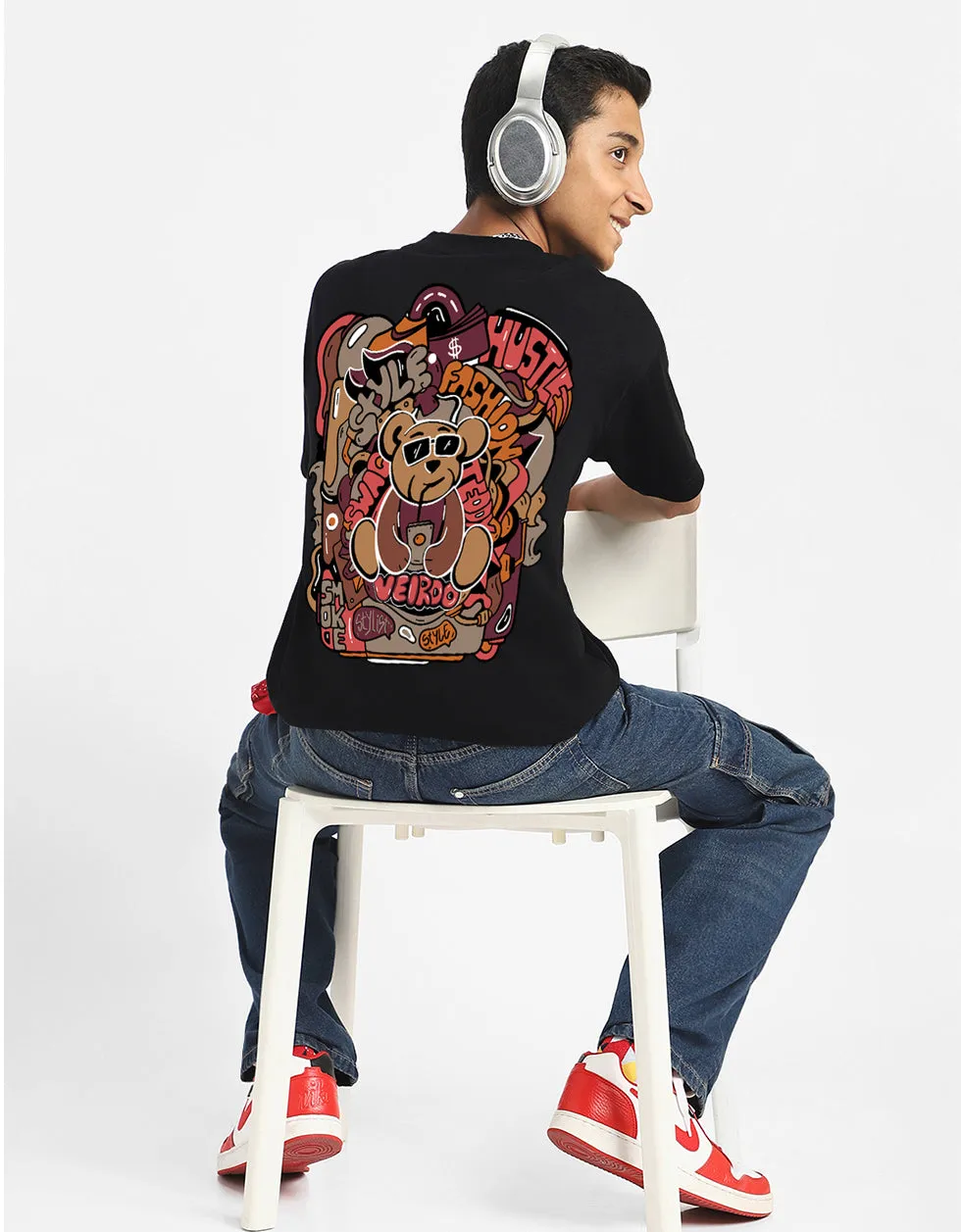 Teddy Black Oversized Graphic Back Printed Boys T-shirt