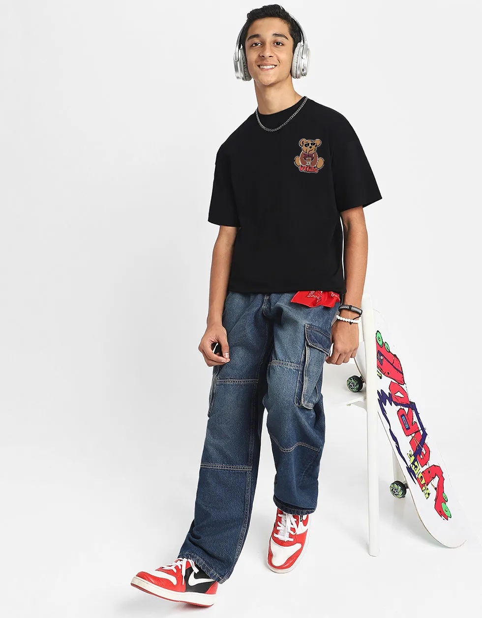 Teddy Black Oversized Graphic Back Printed Boys T-shirt