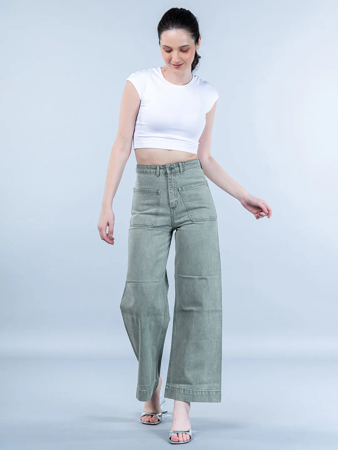 Two Pocket Olive Flared Jeans