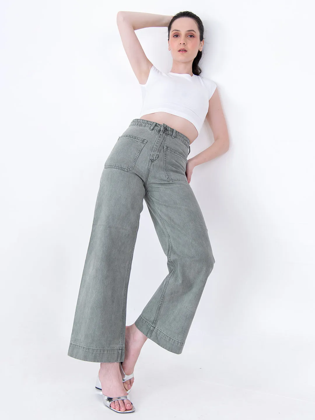 Two Pocket Olive Flared Jeans