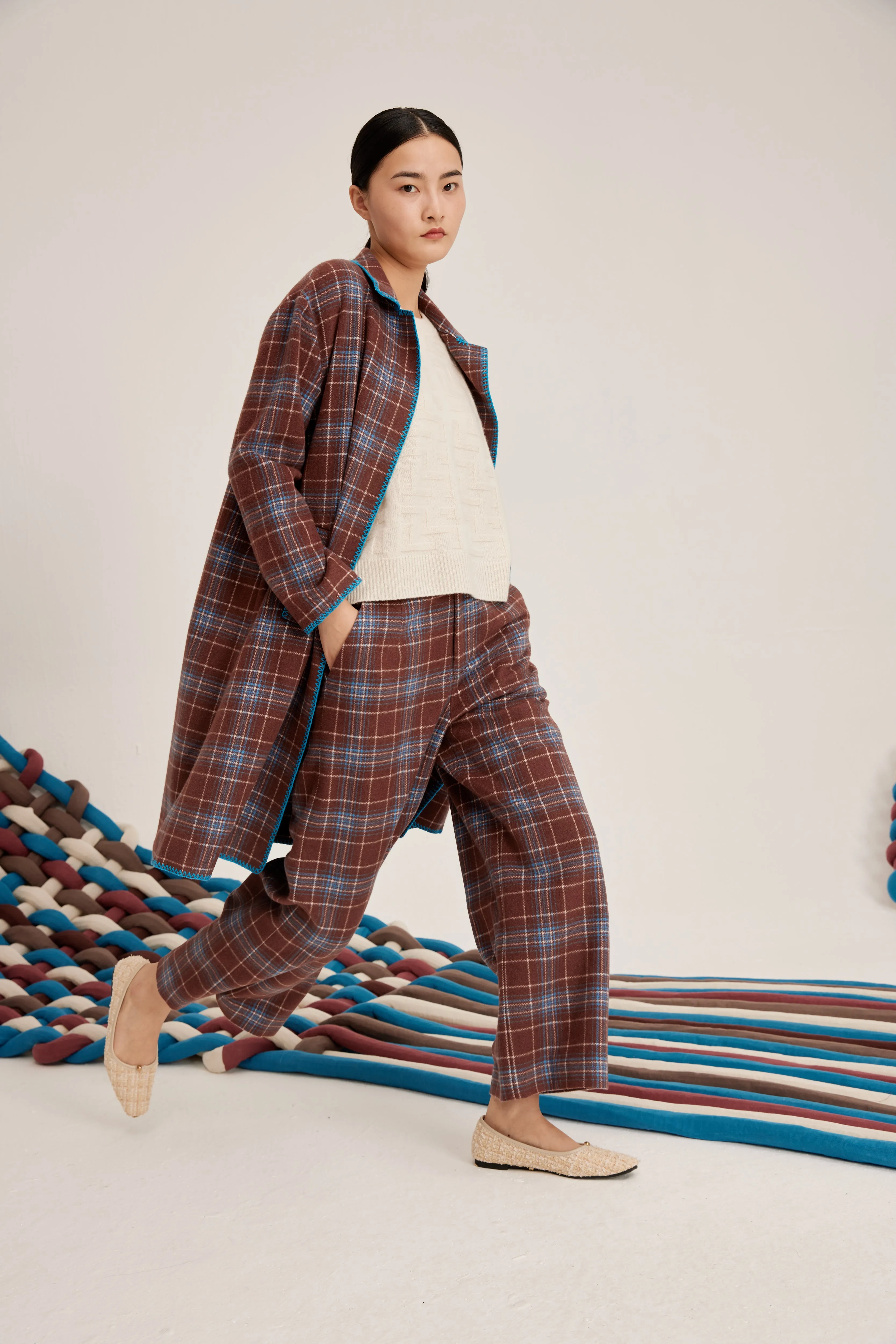 Women's check-pattern cashmere trousers