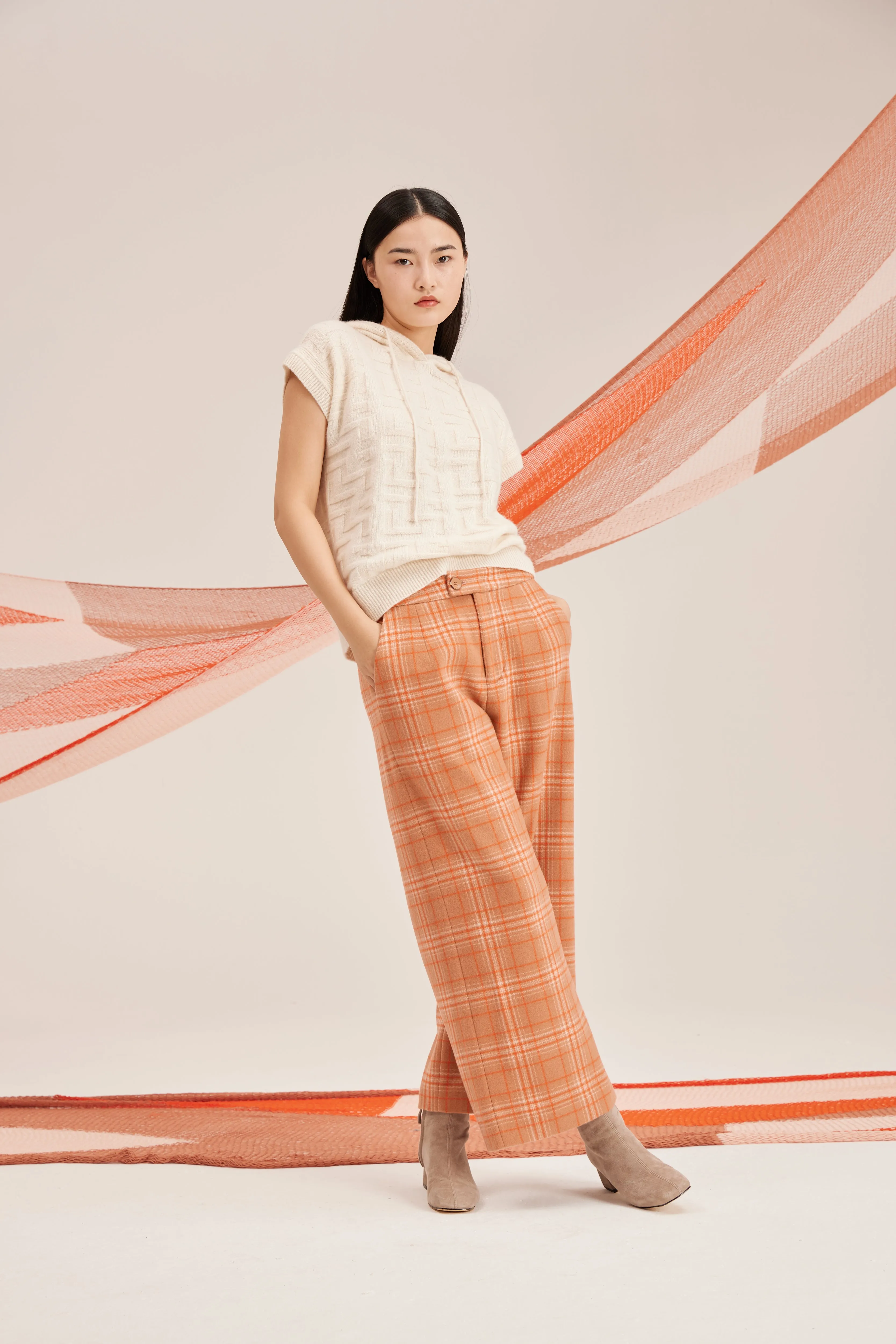 Women's check-pattern cashmere trousers