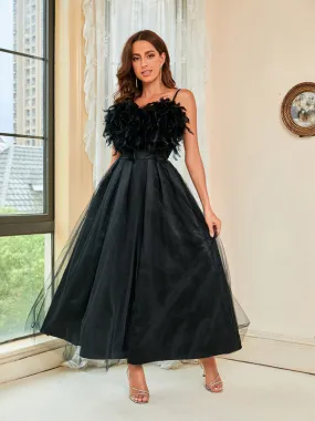 Womens Thin Strapped Feather Meshed Dress