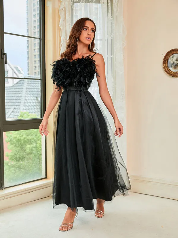 Womens Thin Strapped Feather Meshed Dress