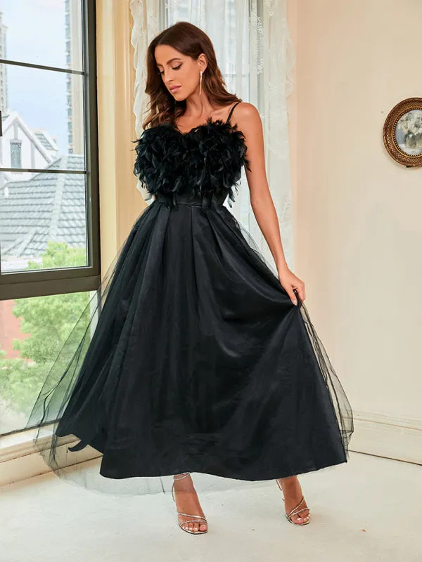 Womens Thin Strapped Feather Meshed Dress