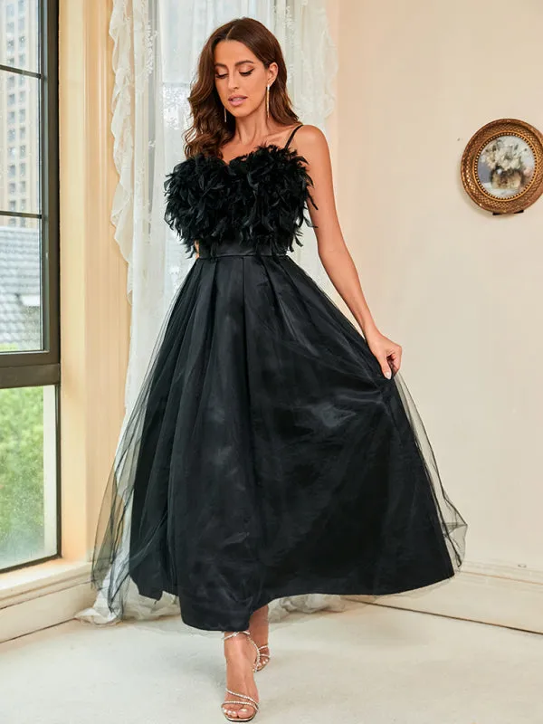 Womens Thin Strapped Feather Meshed Dress