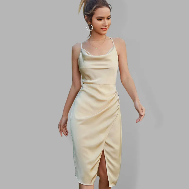 Women's Thin Strapped Open Back Slit Dress